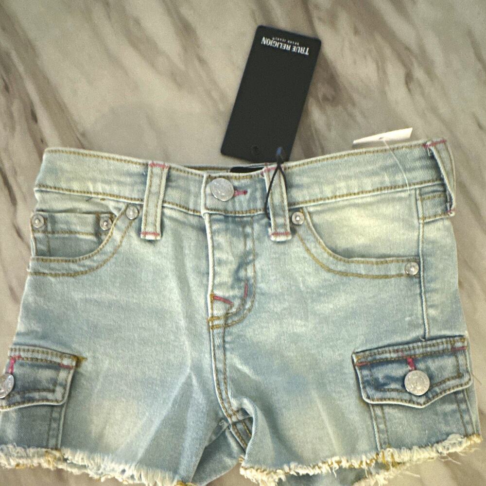 True Religion Maisie Girls Cargo Denim Shorts Light Wash Blue Pockets Size 6